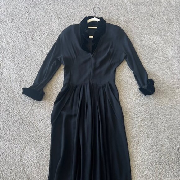 Vintage Black Dress with Velvet Collar and Cuffs, Size S - Picture 1 of 7